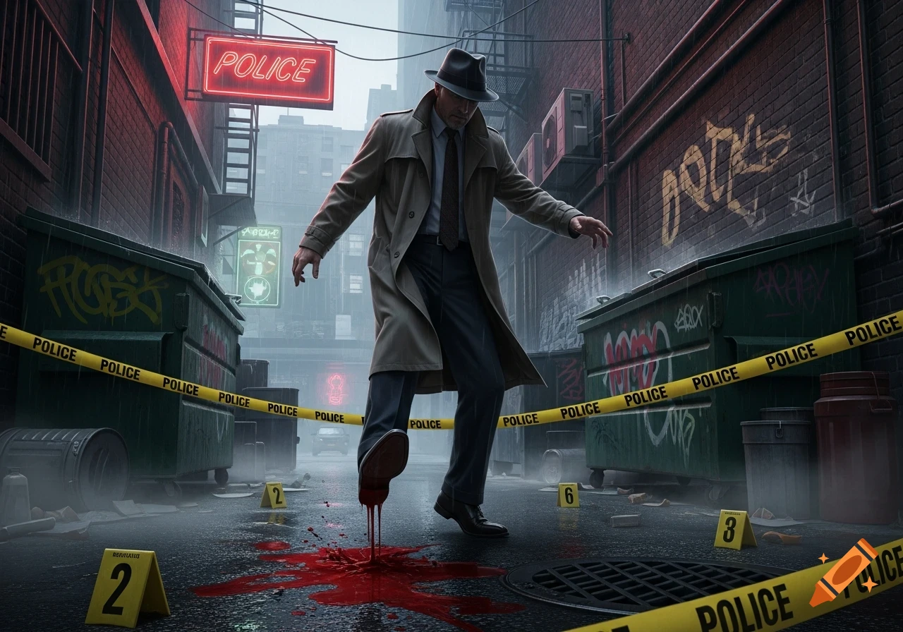 A detective in a trench coat and fedora walks through a rainy alley crime scene with police tape, a large bloodstain, and evidence markers.