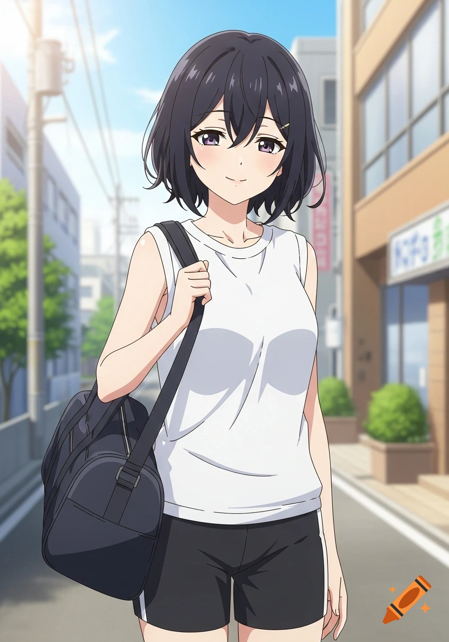 An anime girl with short black hair, wearing a white sleeveless top and black shorts, carries a duffel bag while standing on a sunny street.