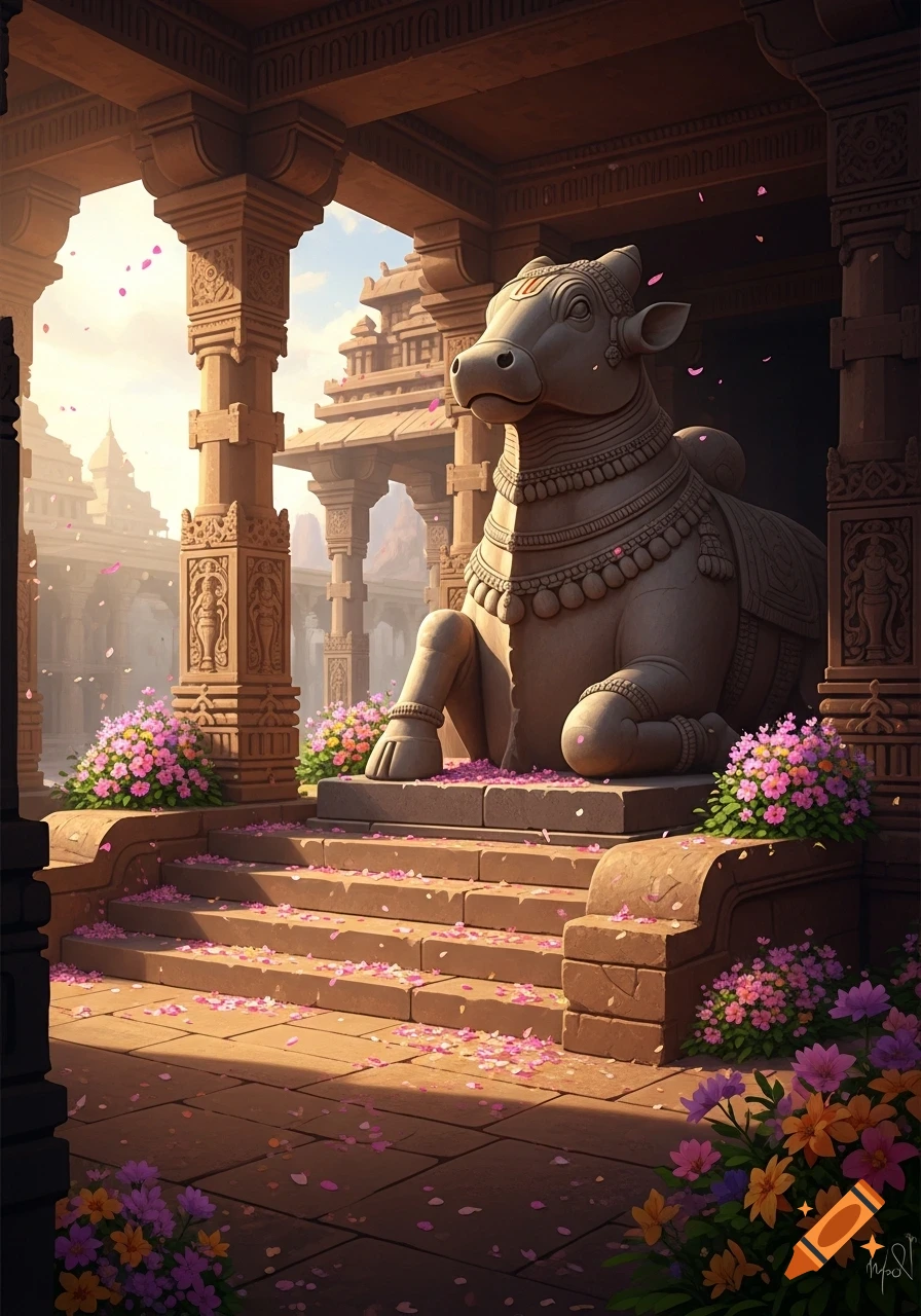 Digital art of a stone Nandi statue seated at the entrance of a grand Hindu temple, adorned with flowers and bathed in sunlight.