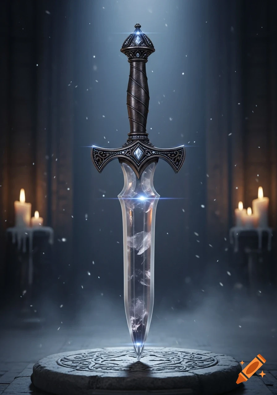 A glowing fantasy sword with a smoky quartz crystal blade stands on a carved stone pedestal in a dim, mystical setting.