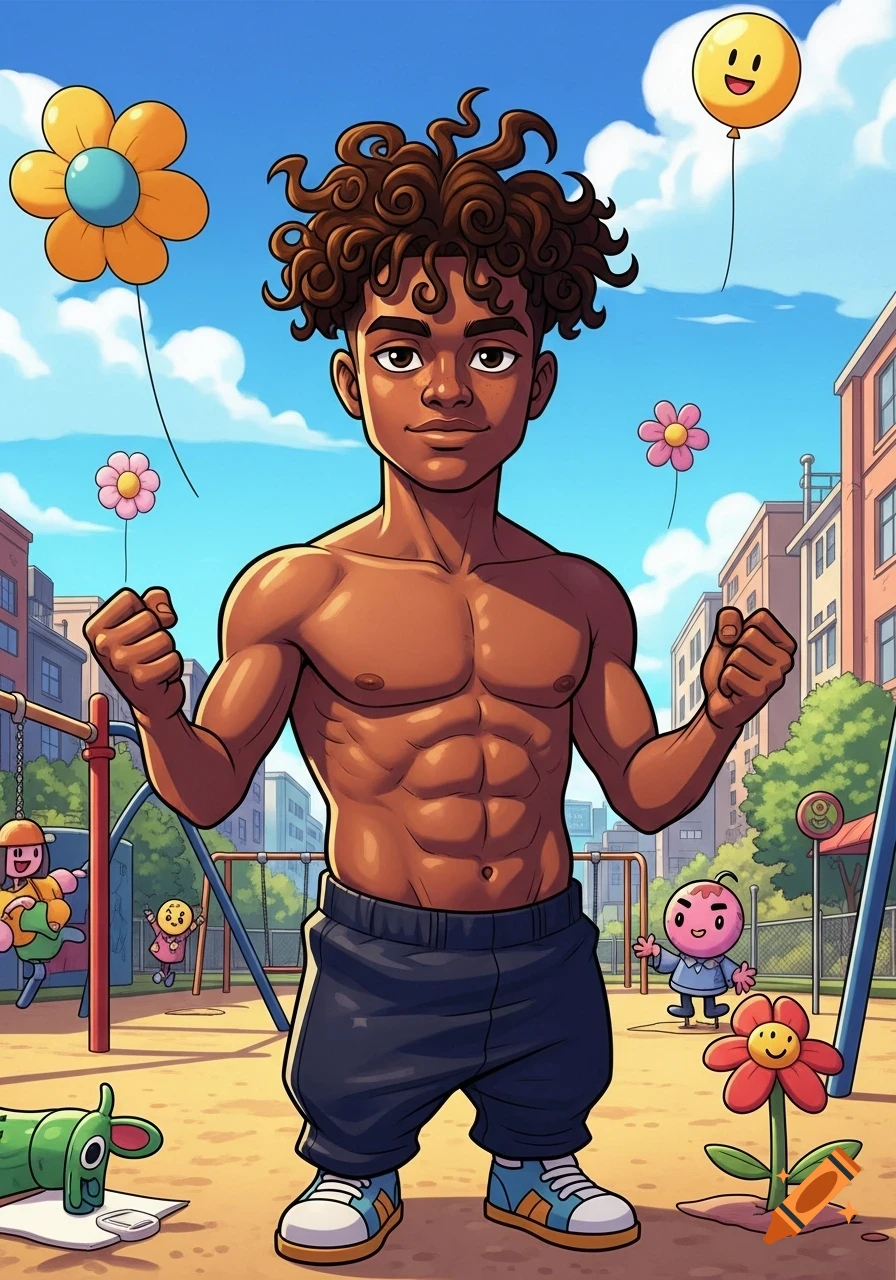 A cartoon of a shirtless young Black man with curly hair flexing in a colorful playground with other small cartoon figures and flowers.