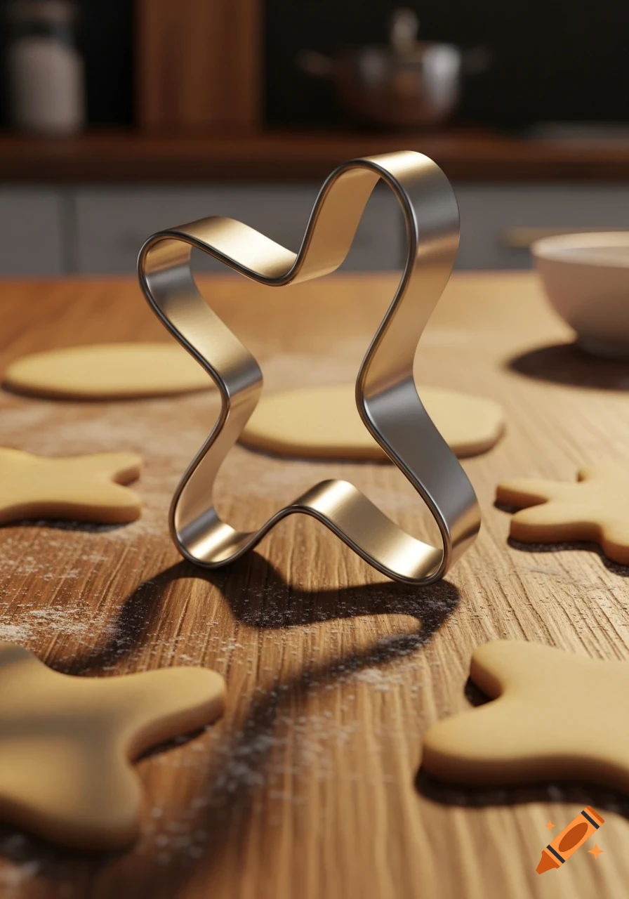 A weird-shaped metal cookie cutter stands on a flour-dusted wooden table surrounded by cut-out cookie dough shapes in a blurry kitchen.