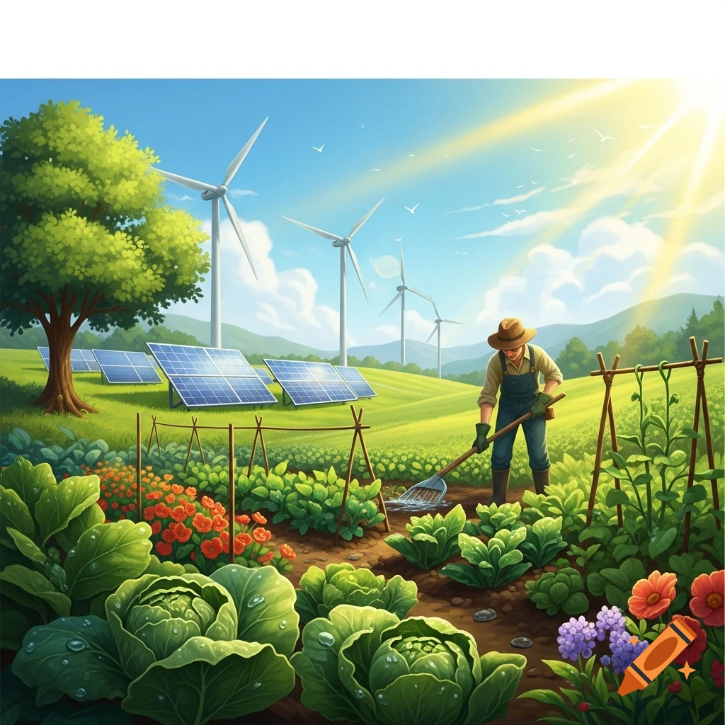 A farmer rakes soil in a vibrant garden with cabbages, flowers, solar panels, and wind turbines under a bright sunny sky.