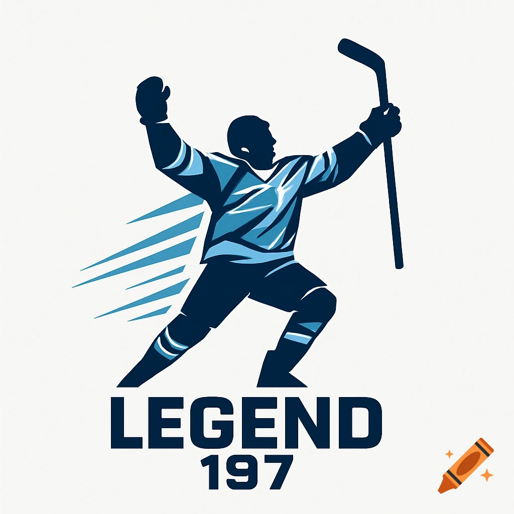 A stylized blue and dark blue logo of a hockey player celebrating, holding a stick with one hand up, and the text "LEGEND 197" below.