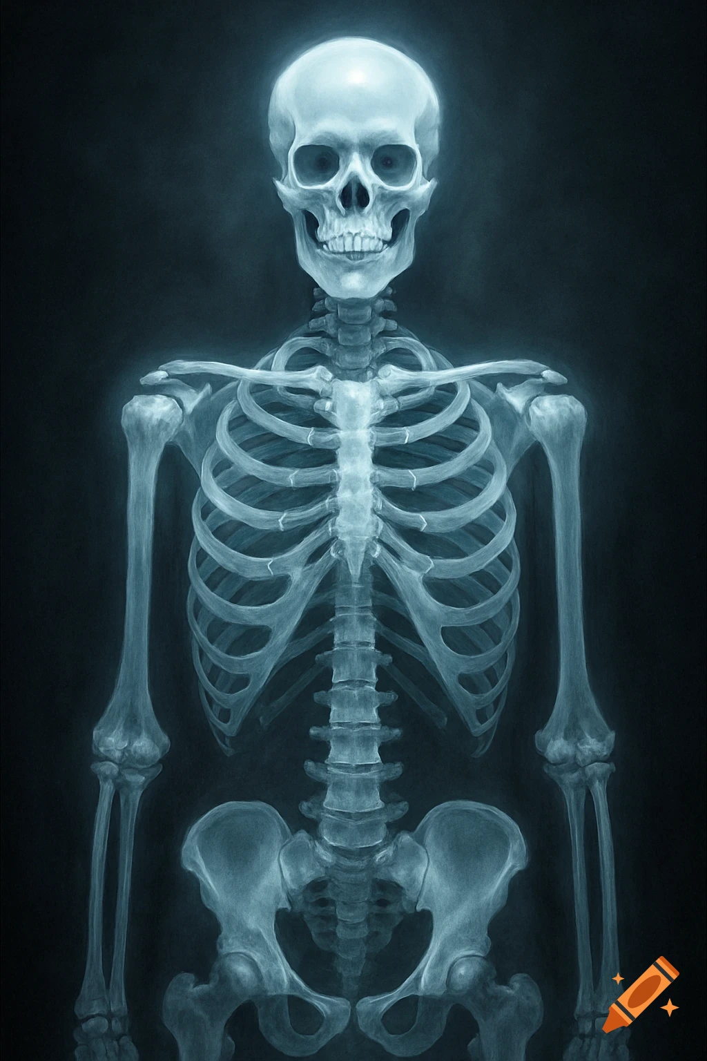 Full body x-ray of a human skeleton against a dark background, glowing with a blue-white light.