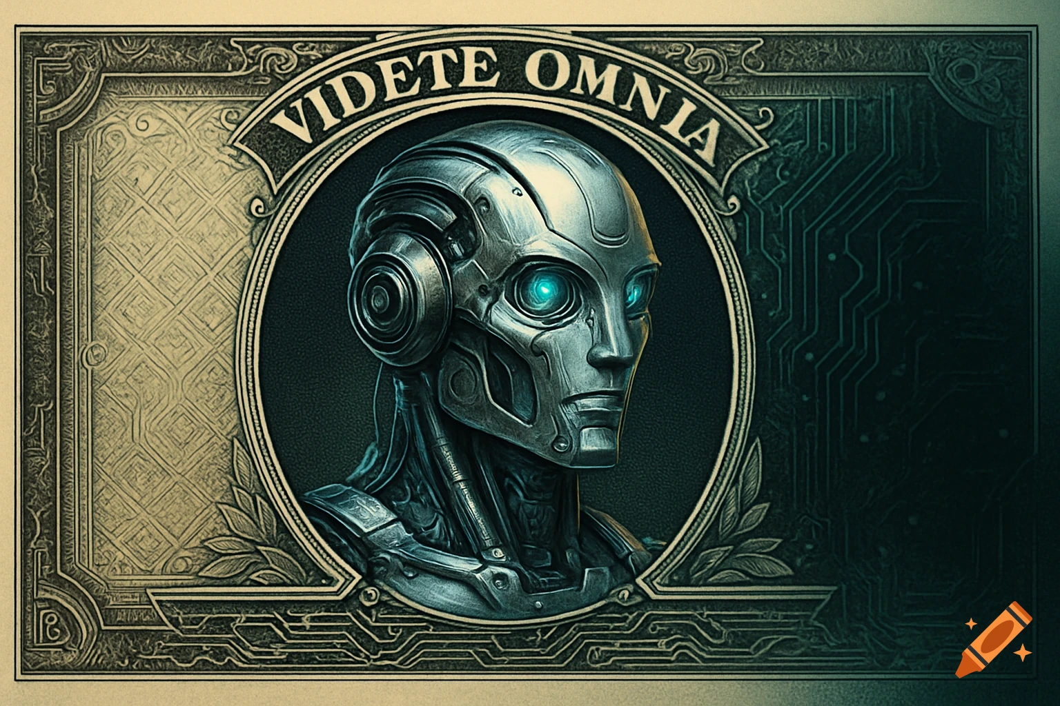 A stylized dollar bill with a metallic robot head with glowing blue eyes in an oval frame, and 'VIDETE OMNIA' text.