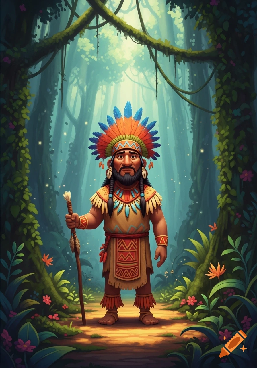 Cartoon indigenous shaman in a feathered headdress with a beard, holding a staff in a lush, stylized jungle.