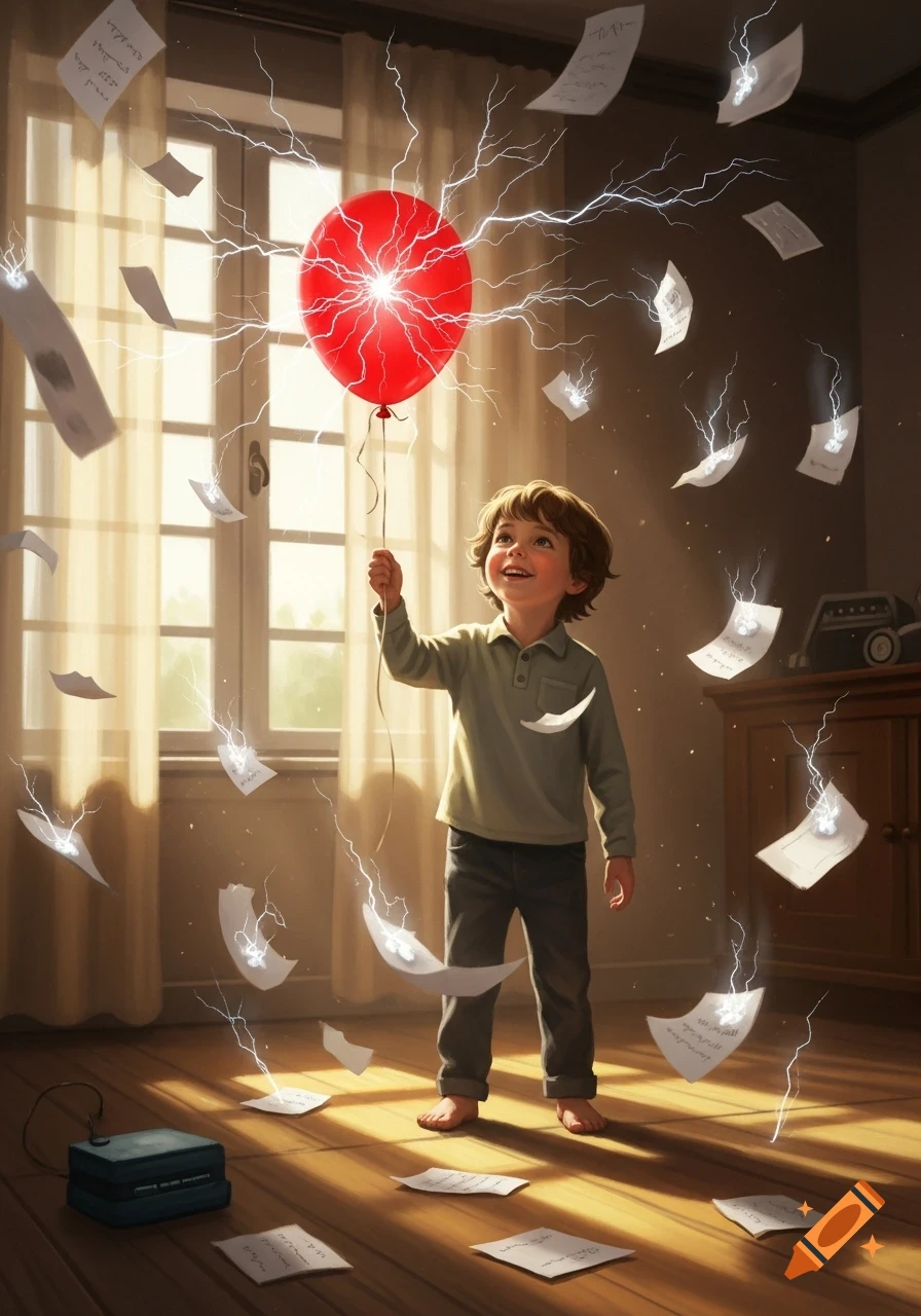 A young boy holds a red balloon, creating static electricity that makes papers float around him in a sunlit room.