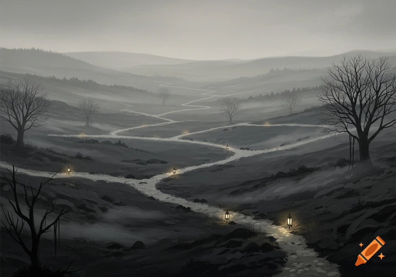 A dark, misty valley with bare trees and a winding path illuminated by glowing lanterns, under a grey sky.