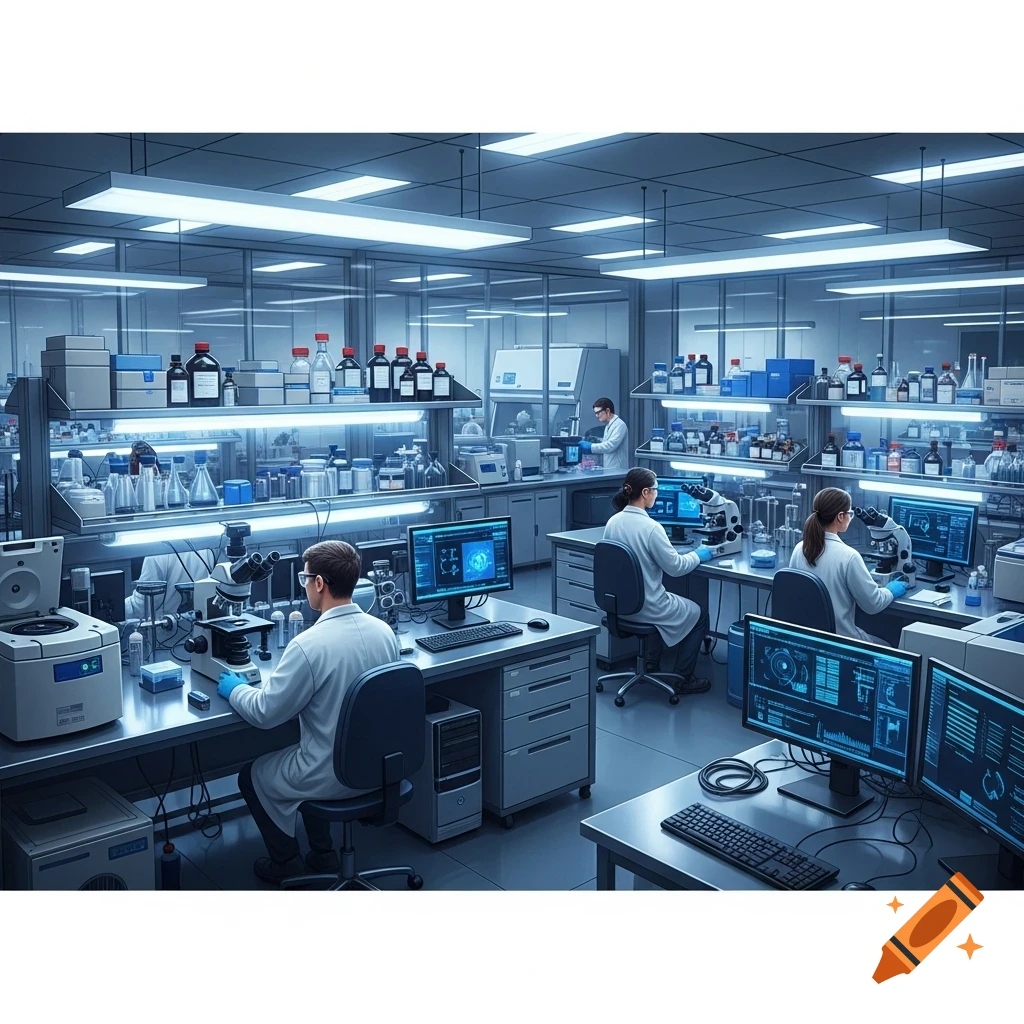 Photorealistic image of multiple scientists working in a modern, well-lit laboratory with microscopes and computer screens.