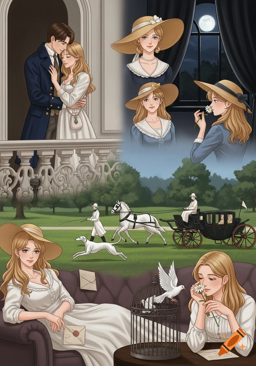 A composite anime illustration showing romantic historical scenes, including a couple embracing on a balcony, a woman in a carriage with a dog, and a woman with doves and a daisy.