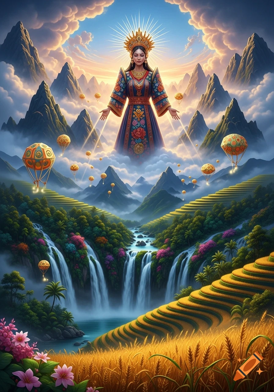 A divine goddess with a crown floats amidst clouds above a vibrant fantasy landscape with mountains, waterfalls, rice terraces, and hot air balloons.