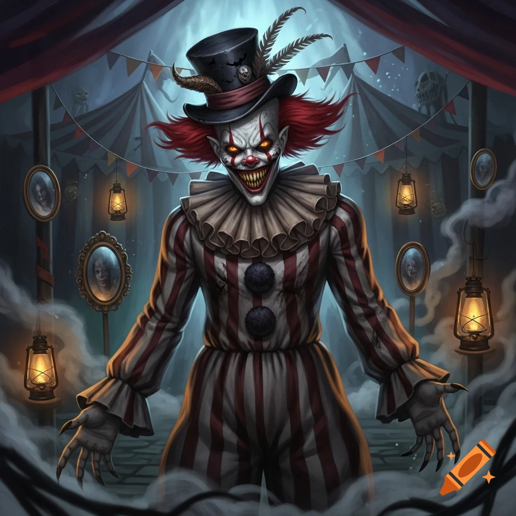 A terrifying demon clown with glowing eyes and sharp teeth, wearing a striped suit and top hat, standing in a dark, foggy carnival tent with lanterns and spooky mirrors.