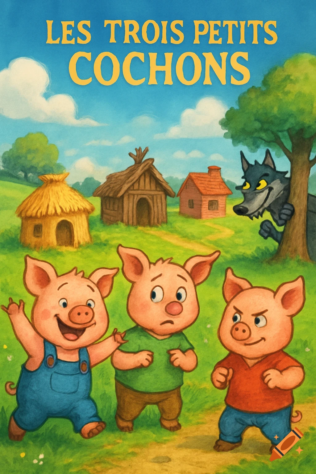 Cartoon illustration of three pigs in overalls and shirts looking at a sly wolf peering from behind a tree, with three houses in the background under a blue sky.