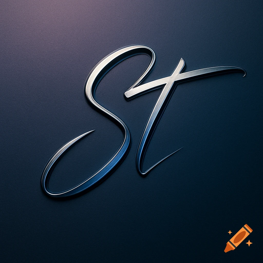 A sleek, metallic cursive 'ST' monogram with blue reflections on a dark, textured background.