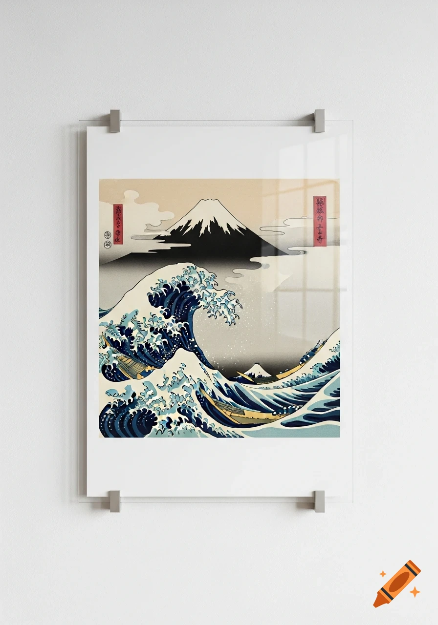 A framed Hokusai print, 'The Great Wave off Kanagawa', hangs on a white wall, protected by glass and held by four aluminum clips.
