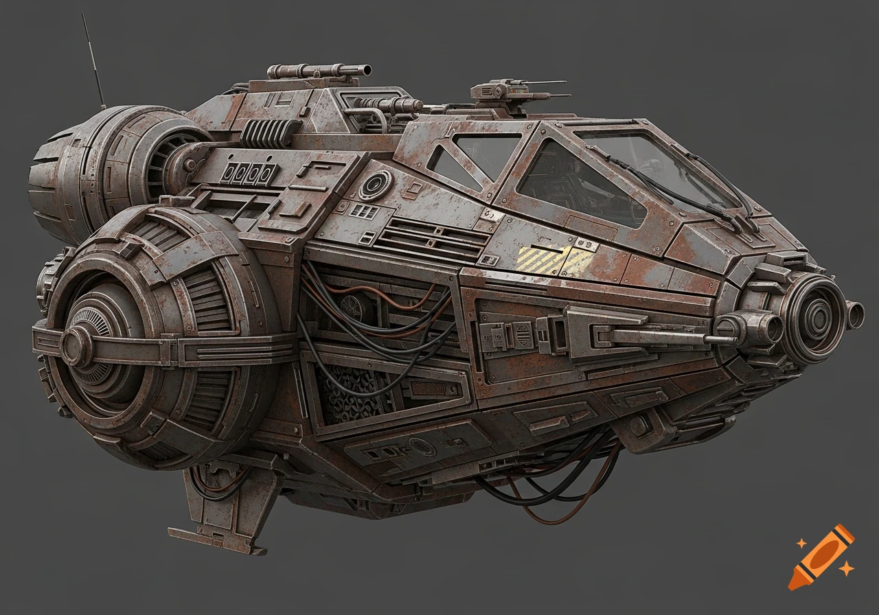 Photorealistic 3/4 view of a detailed, old, rusty sci-fi spaceship with cables and metallic panels on a gray background.