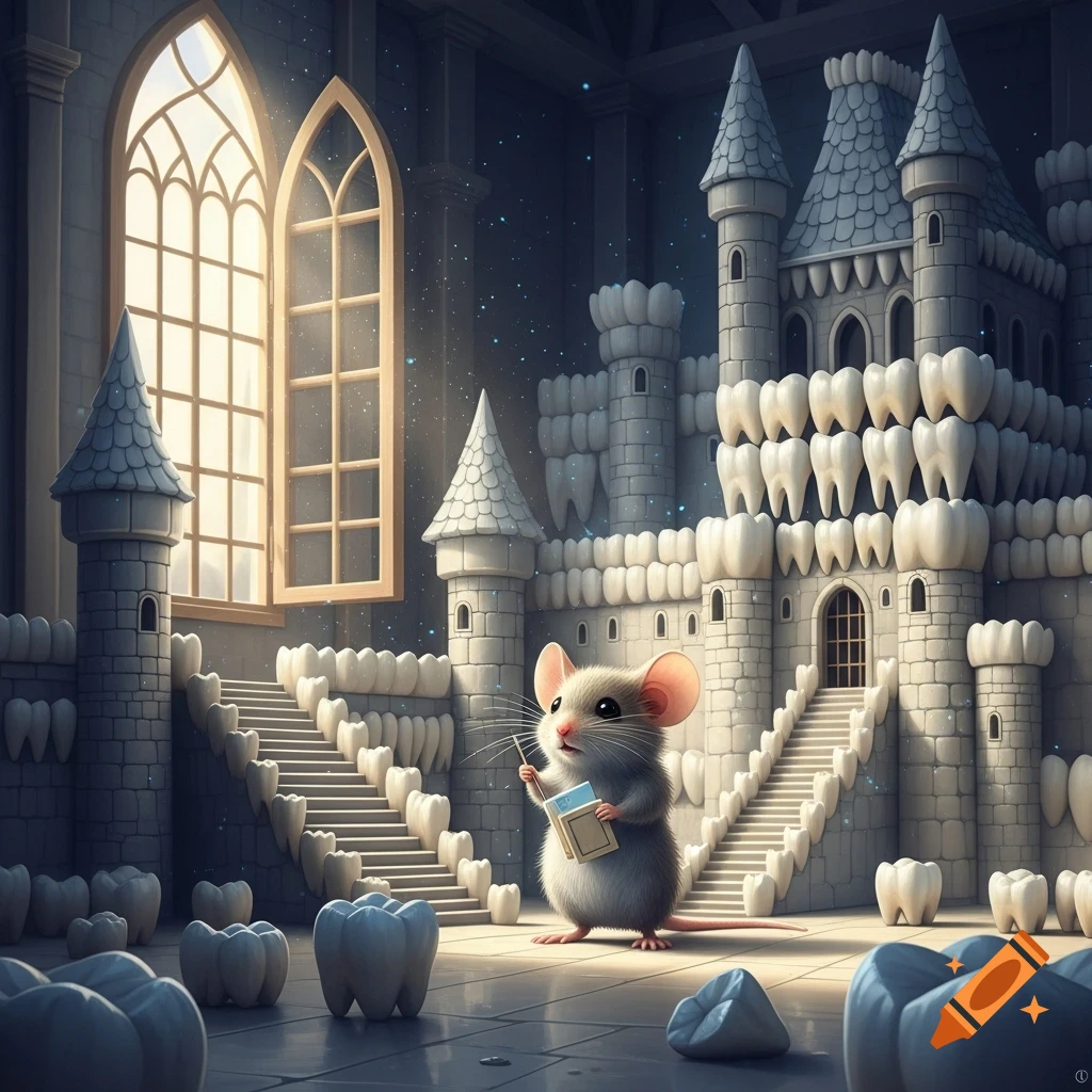 A small, cute mouse holds a book in a fantastical tooth castle with a large arched window.