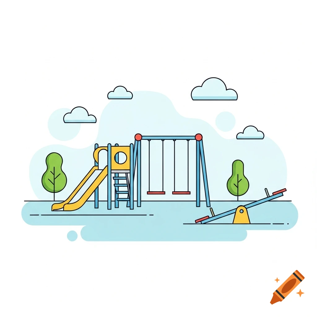 Illustration of a playground with a yellow slide, blue swings, a seesaw, green trees, and blue clouds on a light background.