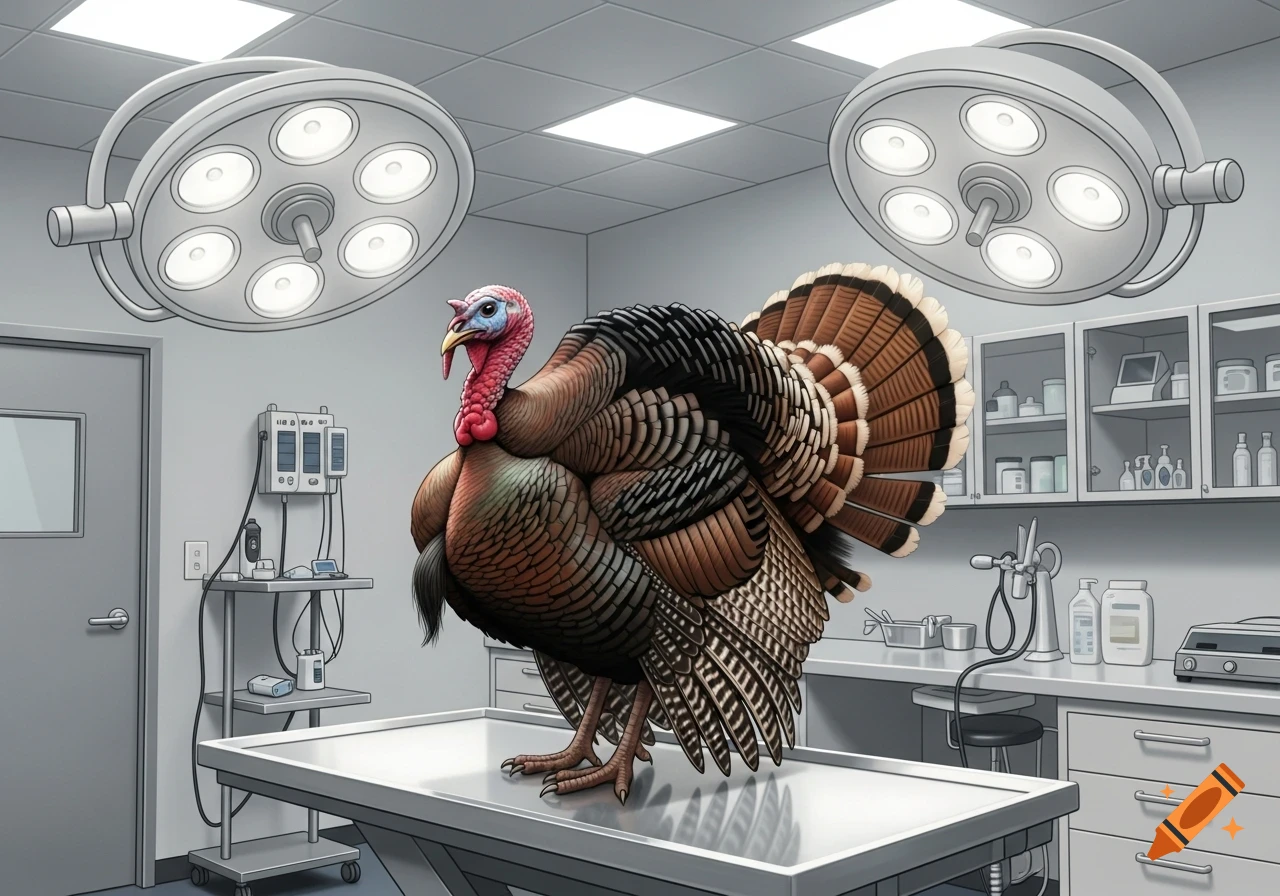 A detailed illustration of a turkey on a metal examination table in a veterinary clinic, with surgical lights overhead.
