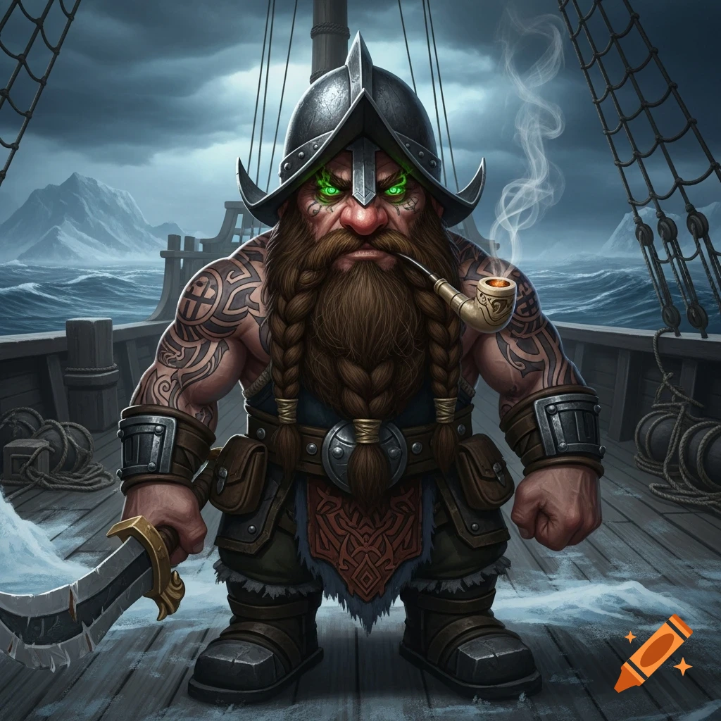 A heavily tattooed dwarf with glowing green eyes, wearing a conquistador helmet and smoking a pipe, stands on a ship deck with a sword.