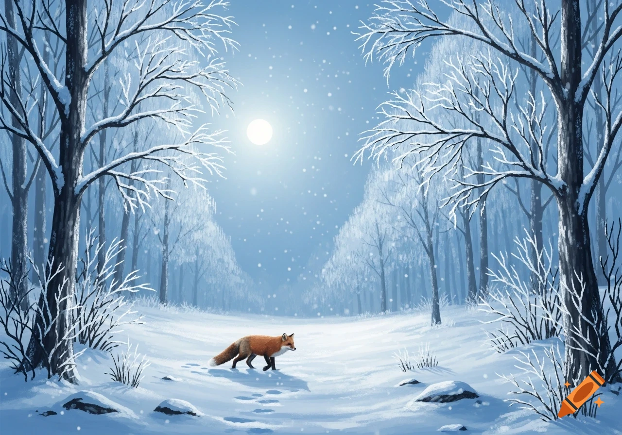 A red fox walks on a snowy path in a winter forest, illuminated by a full moon and falling snowflakes. Illustrated style.