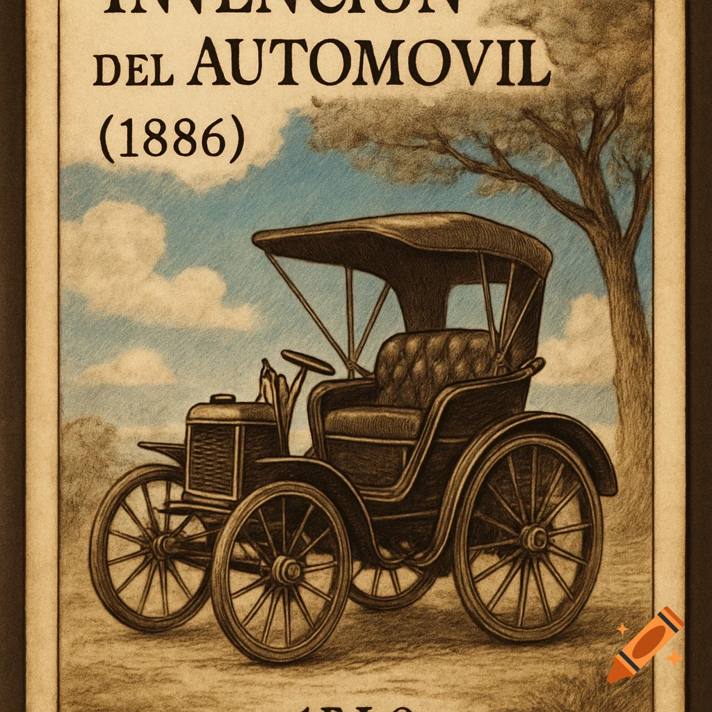 Vintage drawing of an early automobile, with the title "INVENCIÓN DEL AUTOMOVIL (1886)" against a blue sky with a tree.