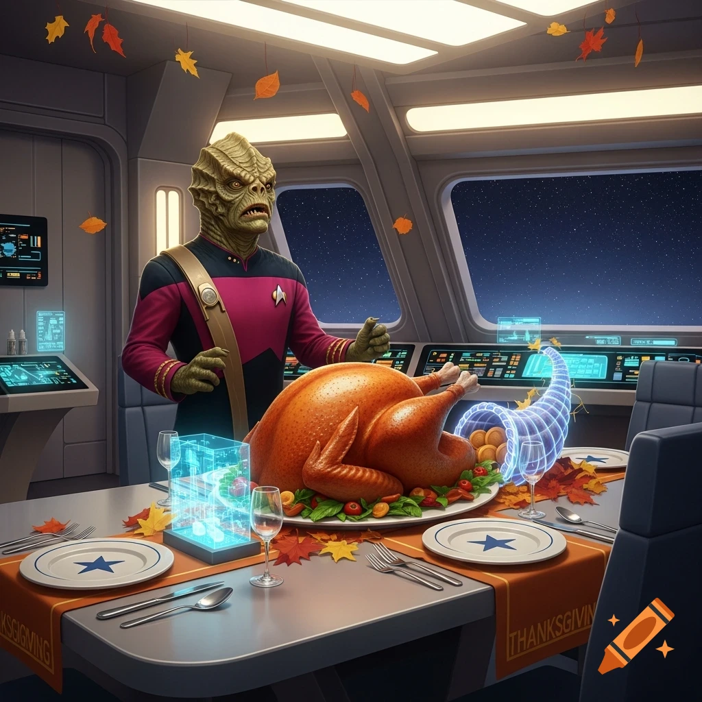 A Gorn alien in a Star Trek uniform presents a roasted turkey and glowing cornucopia on a decorated table inside a spaceship bridge with stars visible through the windows.