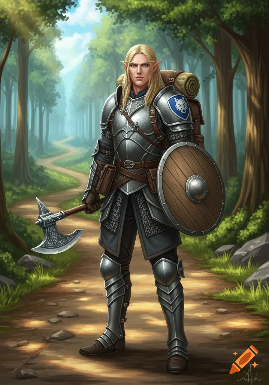 A blonde male elf fighter in plate armor, with a blue wolf emblem on his shoulder, holding a battle axe and shield, stands on a forest path.
