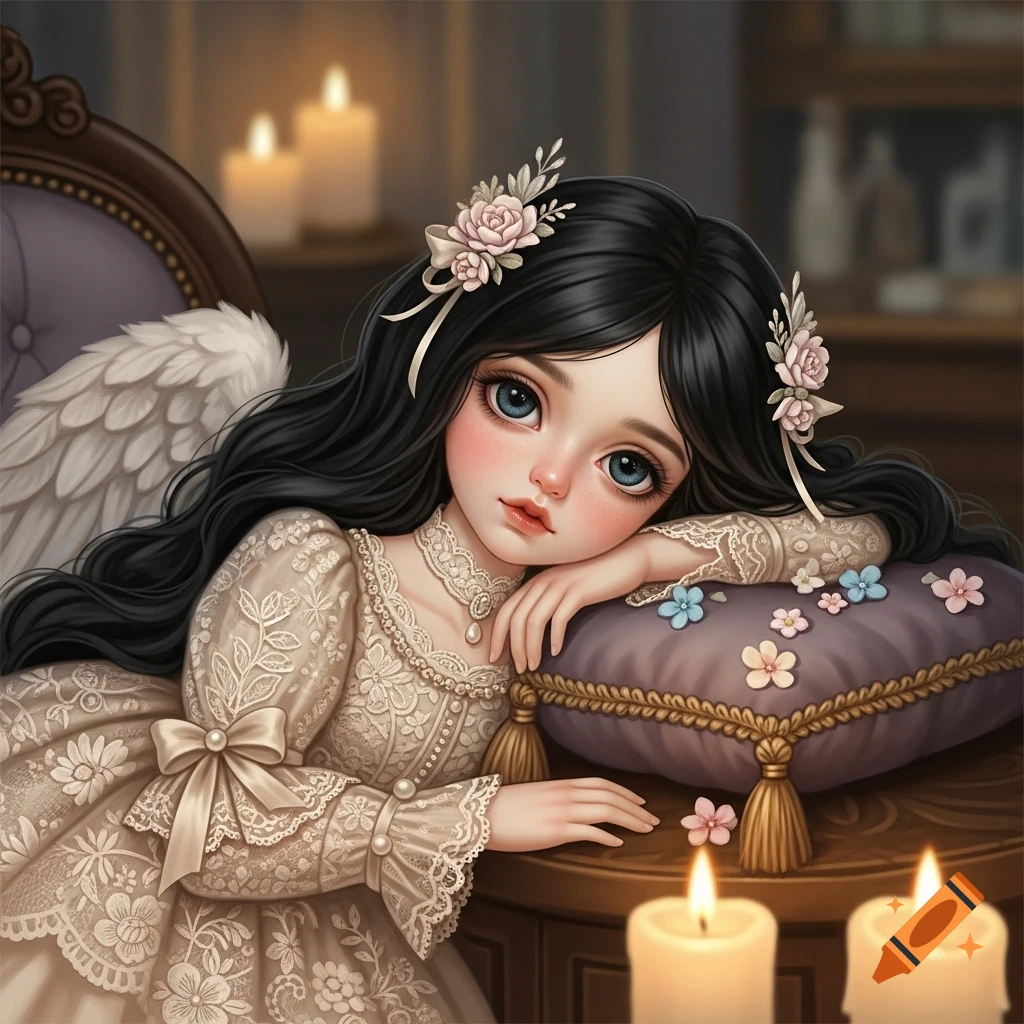 Stylized digital painting of a cute doll-like girl with black hair, big blue eyes, and white wings, wearing a cream lace dress, leaning on a pillow with candles.