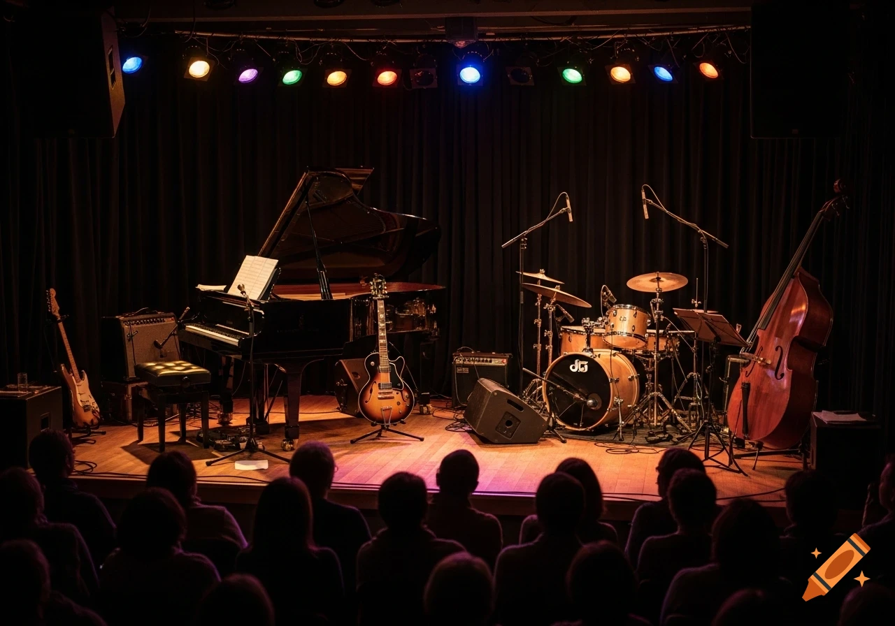 A live music stage set with a grand piano, guitars, drums, and a double bass, illuminated by colorful spotlights, with an audience in the foreground.