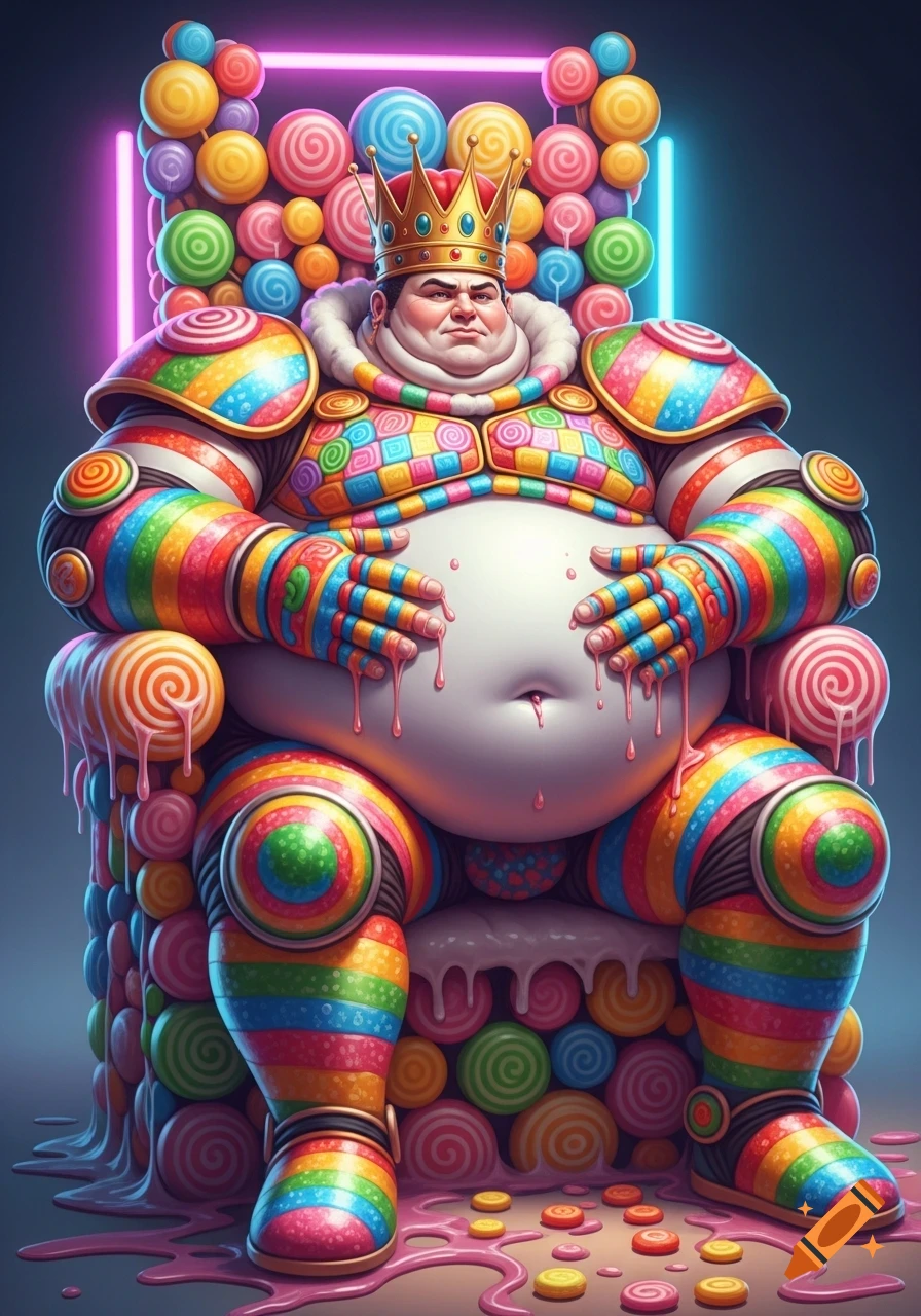 A very obese king in rainbow candy armor and a gold crown sits on a small lollipop throne, clutching his bulging belly. Melted pink candy drips.