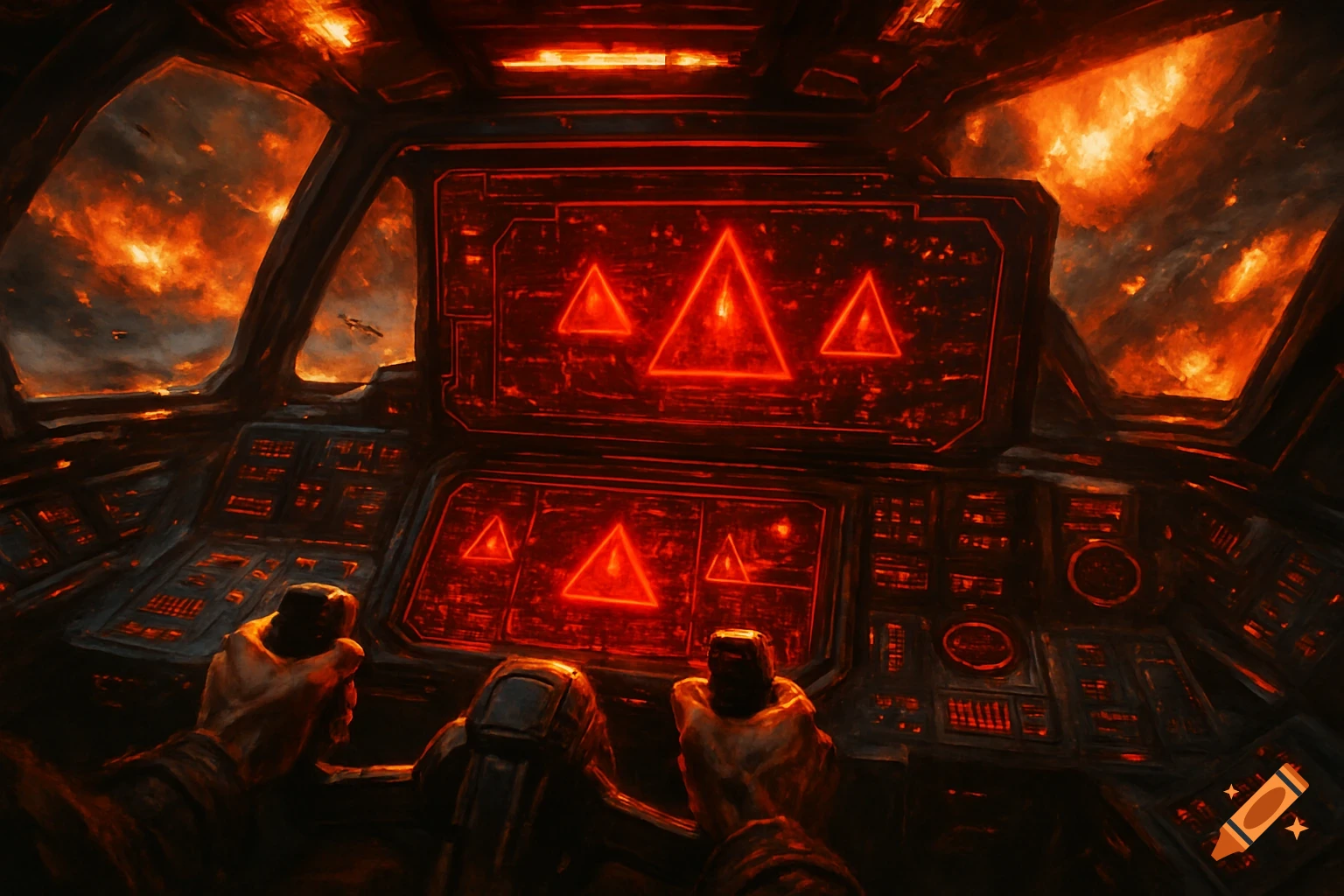 Pilot's POV from a starship cockpit, red warning signs on screens, fiery explosions outside. Painterly concept art.
