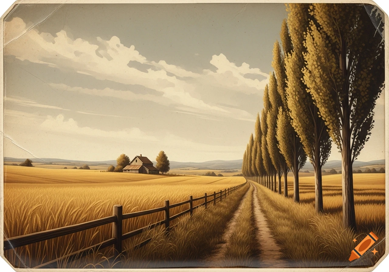 A vintage-style painting of a dirt road lined with tall trees, leading towards a farm in a golden wheat field under a cloudy sky.