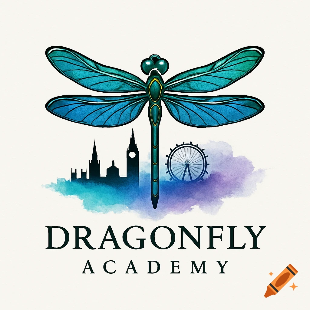 Stylized teal dragonfly logo over watercolor splashes, with London skyline silhouettes and text 'DRAGONFLY ACADEMY'.