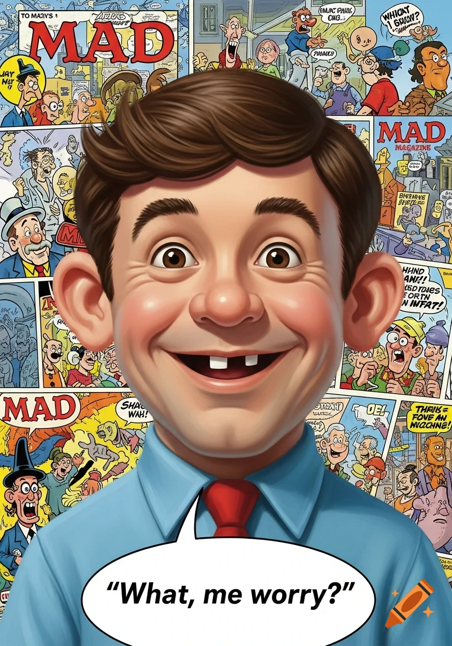 Alfred E. Neuman smiling with missing front teeth, wearing a blue shirt and red tie, against a busy MAD Magazine comic background, with a speech bubble saying 'What, me worry?'