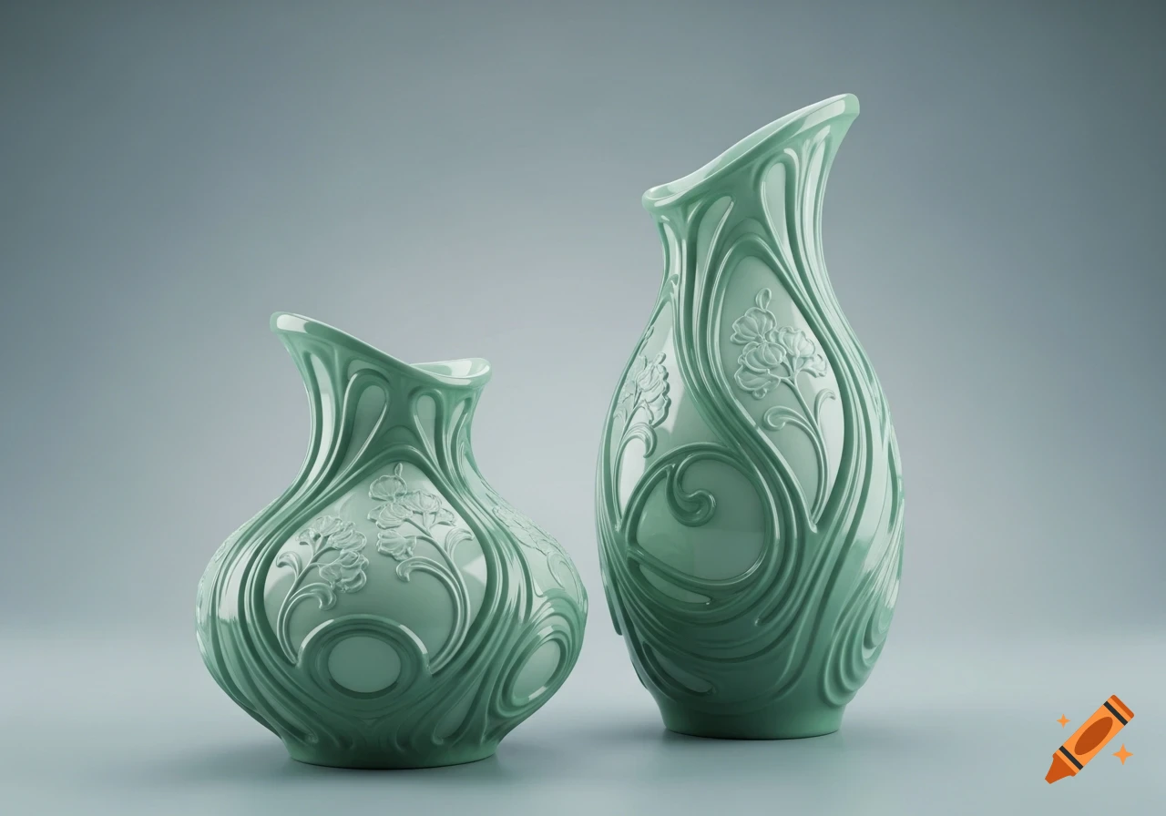 Two ornate Art Nouveau vases in mint green on a blue-grey background, photorealistic style.