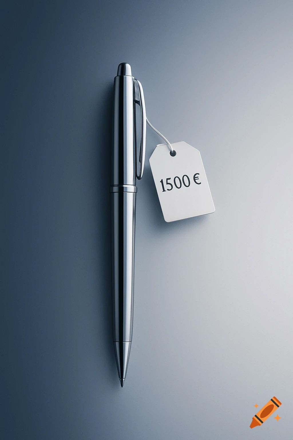 A metallic ballpoint pen with a white price tag displaying "1500 €" on a grey background.