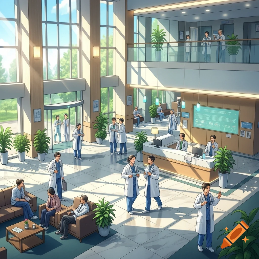 An animated, bright hospital lobby with many doctors and patients, a reception desk, waiting areas, and large windows looking out onto greenery.