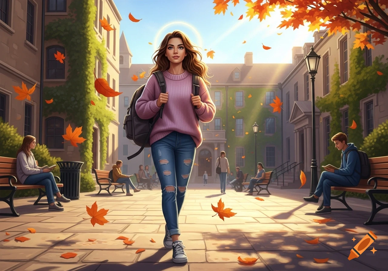 A college girl with a backpack walks on a campus path filled with autumn leaves, past other students and ivy-covered buildings.