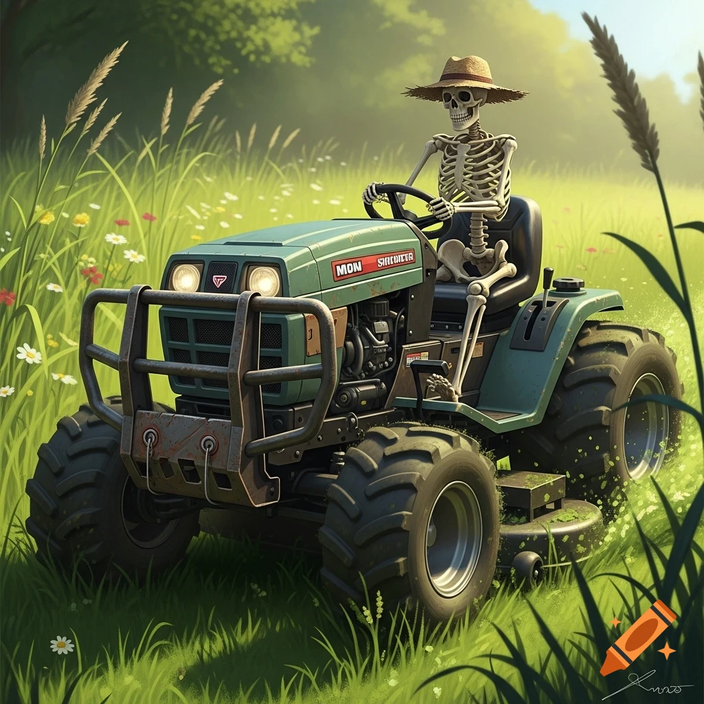 A skeleton in a straw hat drives a green ride-on mower through a field of tall green grass and wildflowers.