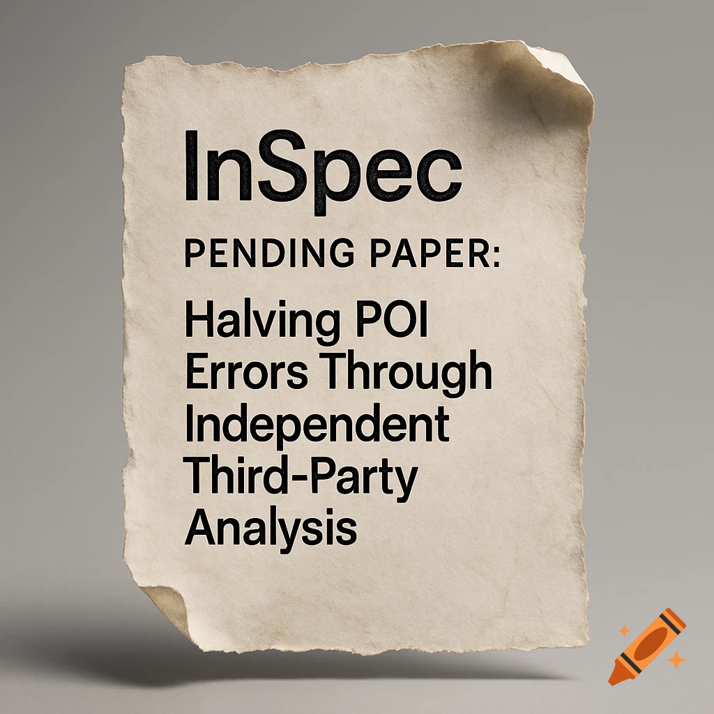A crumpled piece of paper with the title "InSpec PENDING PAPER: Halving POI Errors Through Independent Third-Party Analysis".