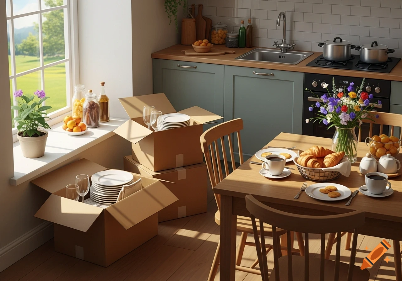 Sunlit kitchen with moving boxes, an unpacked breakfast of croissants and coffee, and a vibrant flower arrangement.