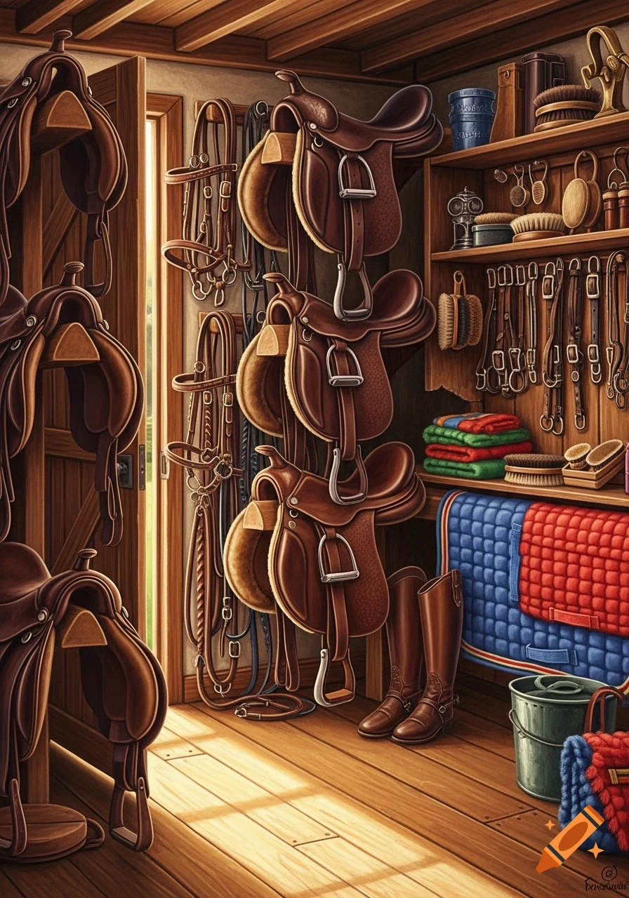 A rustic wooden saddle room filled with leather horse saddles, bridles, riding boots, and other equestrian equipment.