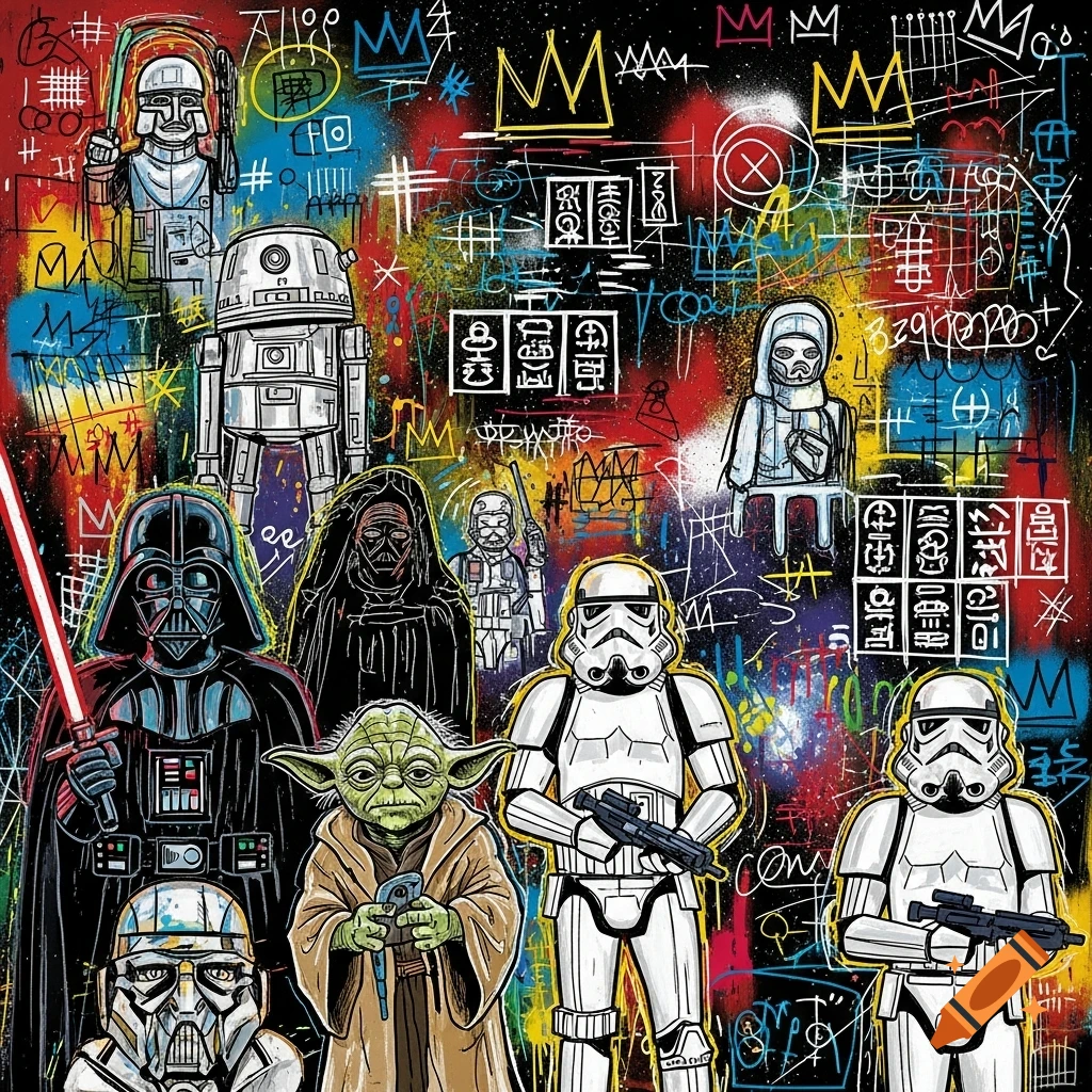 Star Wars characters in a colorful, graffiti-style artwork reminiscent of Basquiat, featuring Darth Vader, Yoda, Stormtroopers, and droids on a vibrant, scribbled background.
