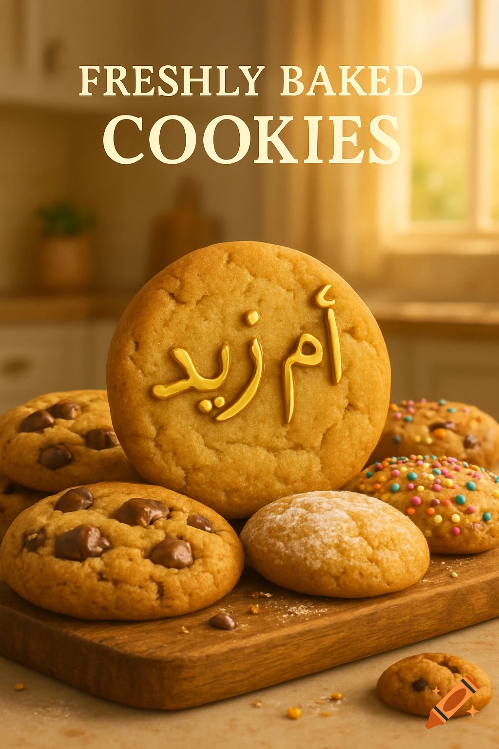 Photorealistic image of various freshly baked cookies, including chocolate chip, powdered sugar, and sprinkle-decorated ones, on a wooden board in a kitchen. Text reads "FRESHLY BAKED COOKIES" and "أم زيد" on the main cookie.
