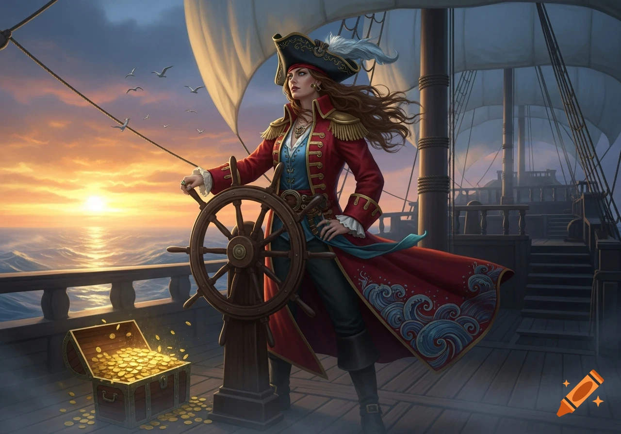 A woman pirate captain stands at a ship's helm during sunset, with a chest of gold coins on the deck.