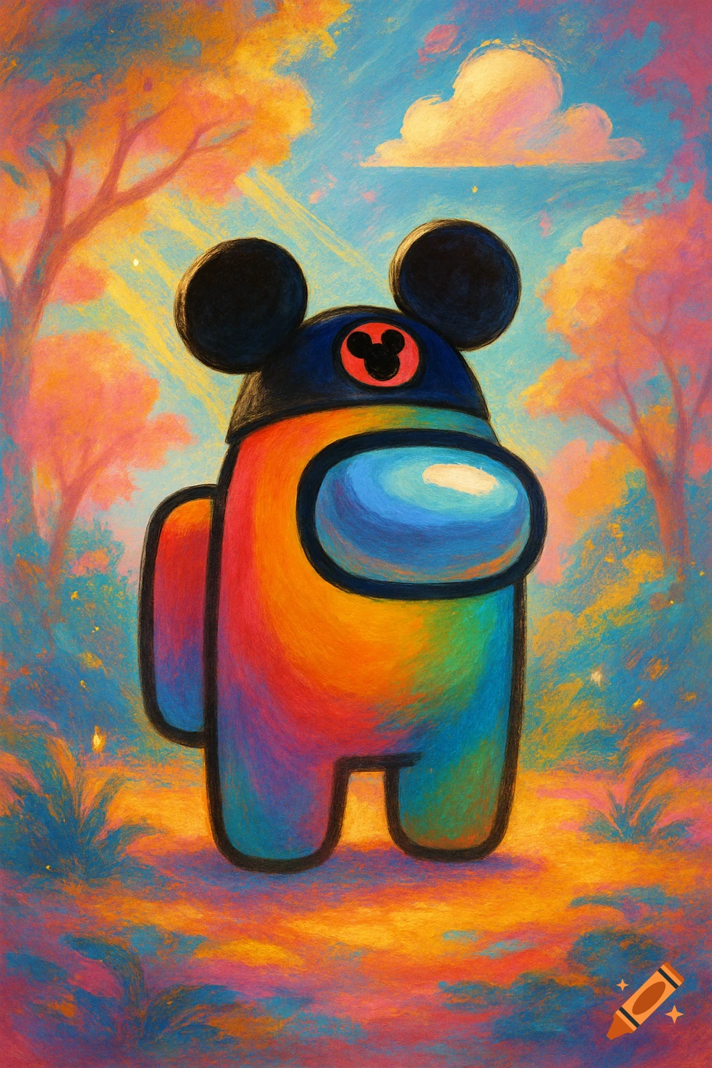 A rainbow-colored Among Us character wearing a Mickey Mouse ear hat stands in a vibrant, painterly landscape.