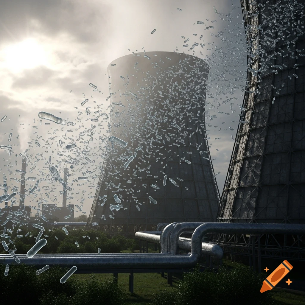 Photorealistic image of industrial cooling towers with numerous small, transparent, rod-shaped particles flying out, set against a bright, cloudy sky with sun glare.