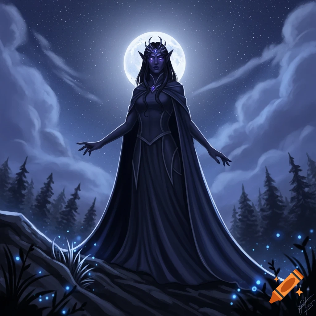 A dark elf woman with glowing purple eyes and a crown, in a black dress ...